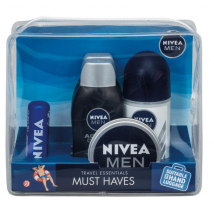 NIVEA PÁNSKE CESTOVNÉ BALENIE 2KS GÉL NA VLASY A TELO ENERGY 3V1 50ML, ROLL ON SENSITIVE 50ML, KRÉM MEN 30ML, BALZAM NA PERY 4,8G/5,5ML 