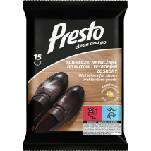 Presto Clean and Go vlhčené utierky na obuv a kožený tovar, 15 ks