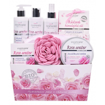 KAZETA ROSE SPRCHOVÝ GÉL 200ML + ODLIČOVACIE MLIEKO 200ML + TELOVÉ MLIEKO 200ML + PLEŤOVÝ KRÉM 50ML + ZVLÁČŇUJÚCI KRÉM 200ML + SOĽ 80G + MASKA NA SPANIE + MASÁŽNA HUBKA 