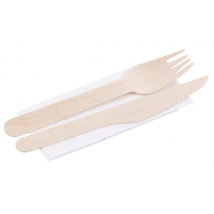 MagicHome Woodline ECO Drevený príbor – vidlička, nôž a servítka, 16 cm