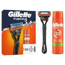 Gillette Fusion5 darčeková kazeta (strojček + náhradná hlavica + gél na holenie Sensitive 200 ml)