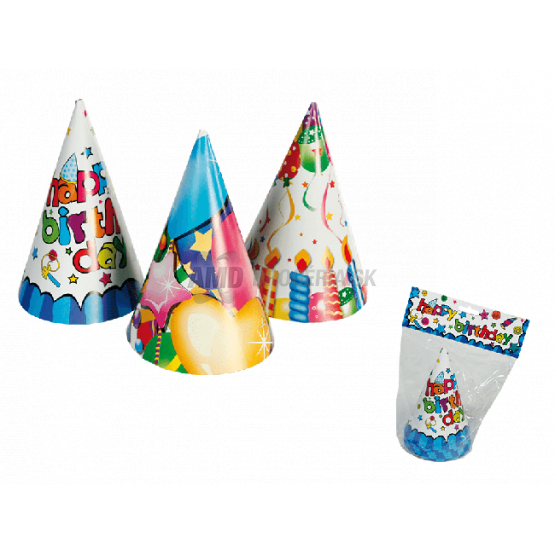PAPIEROVÉ KLOBÚKY HAPPY BIRTHDAY 15 CM, 6 KS