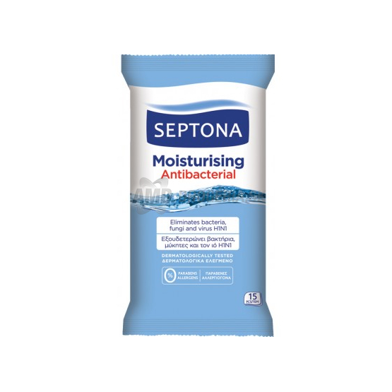 SEPTONA VLHČENÉ UTIERKY NA RUKY ANTIBAKTERIÁLNE 15 KS