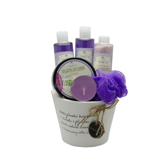 PRÍRODNÁ DARČEKOVÁ KAZETA BODY TIP LEVANDUĽA DARČEKOVÝ KÔŠ S LEVANDUĽOVÝM OLEJOM V DREVENOM OBALE X18