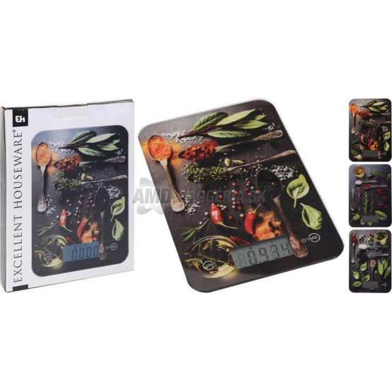 VÁHA KUCHYNSKÁ DIGITÁLNA SKLO 15X23 CM DO 5 KG DEKOR KORENINY MIX