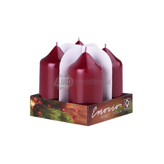 SVIEČKA ADVENTNÁ BORDOVÁ LESKLÁ 40 X 75 MM 4 KS