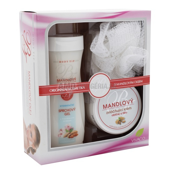 KAZETA VIVACO BODY TIP S MANDLOVÝM OLEJOM SPRCHOVÝ GÉL 300ML + KRÉM NA TVRÁR A TELO 250ML + MASÁŽNA HUBKA  X20 BT1704