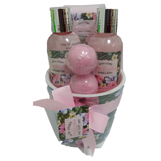 KAZETA E  KVETINÁČ  IBIŠTEK  SPRCHOVÝ GÉL 100ML + TELOVÉ MLIEKO 50ML + PENA DO KÚPEĽA 50ML + SOĽ DO KÚPEĽA 2x20G + KERAMICKÝ KVETINÁČX21