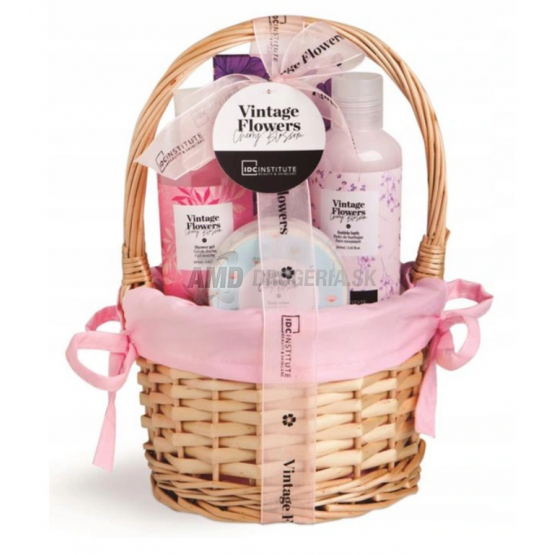 KAZETA ALA DB PLETENÝ KÔŠ VINTAGE FLOWERS ČERŠŇA KVET SPRCHOVÝ GÉL 16ML + PERLIČKOVÝ KÚPEĽ  160ML + TELOVÉ MLIEKO 50ML + SOĽ DO KÚPEĽA100G X21