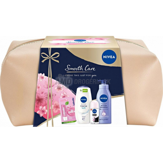 KAZETA NIVEA CREME SMOOTH TELOVÉ MLIEKO + SPRCHOVÝ GÉL + ROLL-ON + LABELLO BALZAM NA PERY X21