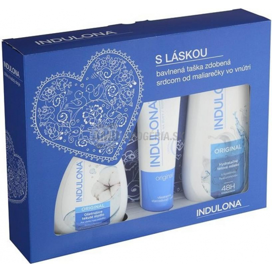 KAZETA INDULONA MODRA TEKUTÉ MYDLO + TELOVÉ MLIEKO + KRÉM NA RUKY + PLÁTENÁ TAŠKA  X21
