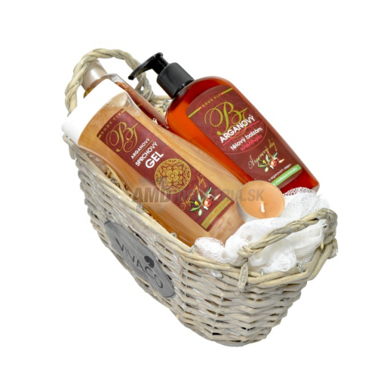 KAZETA BODY TIP ARGAN SPRCHOVÝ GÉL 300ML + TELOVÝ BALZAM 300ML + ŠAMPÓN NA VLASY 250ML + MASÁŽNA HUBKA + VONNÁ SVIEČKA + PRÚTENÝ KOŠÍK 