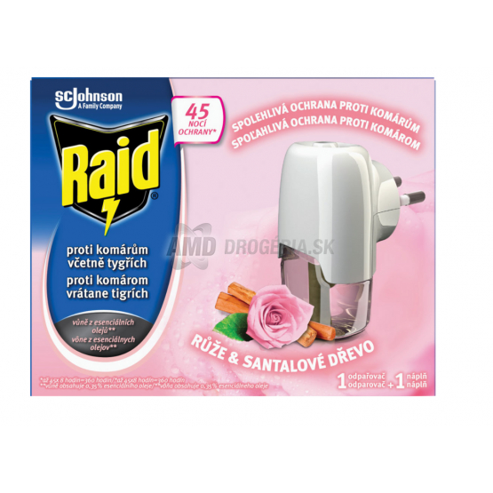 RAID ELEKEKTICKÝ ODPAROVAČ S TEKUTOUNÁPLŇOU RUŽA A SANTÁLOVÉ DREVO STROJČEK+NÁHRADNÁ NÁPLŇ 45 NOCÍ 