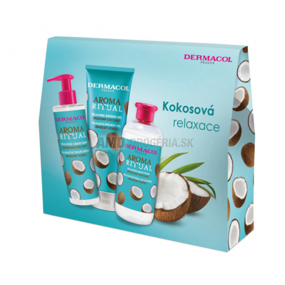 KAZETA DERMACOL AROMA RITUAL KOKOS SPRCHOVÝ GÉL 250ML + TELOVÝ PEELING 200G + TEKUTÉ MYDLO 250ML  II. X22