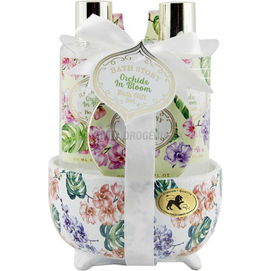 KAZETA KERAMIKA BATH STORY ORCHIDS IN BLOOM TELOVÉ MLIEKO 50ML + SPRCHOVÝ GÉL 140ML + PENA DO KÚPEĽA 140ML  + TELOVÝ PEELING 50ML