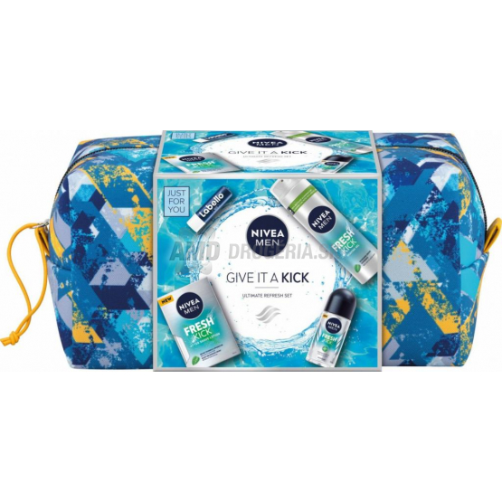 KAZETA NIVEA MEN FRESH KICK BAG VODA PO HOLENÍ 100ML + GÉL NA HOLENIE 200ML + ROLL ON 50ML + BALZAM NA PERY 4,8G + KOZMETICKÁ TAŠKA
