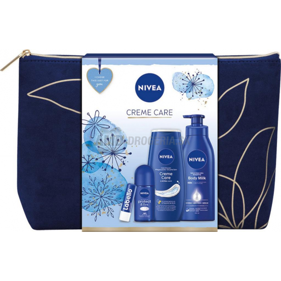 KAZETA NIVEA WOM CREME CARE BAG TELOVÉ MLIEKO 400ML + SPRCHOVÝ GÉL 250ML + ROLL ON 50ML + BALZAM NA PERY 4,8G + KOZMETICKÁ TAŠKA