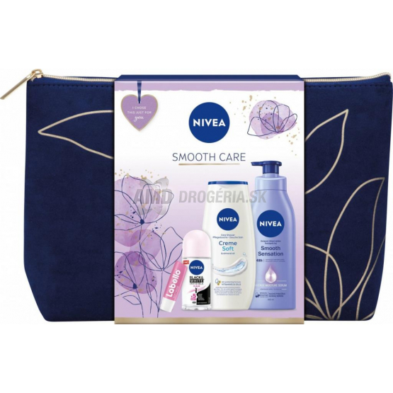 KAZETA NIVEA WOM SMOOTH CARE BAG TELOVÉ MLIEKO 400ML + SPRCHOVÝ GÉL 250ML + ROL LON 50ML + BALZAM NA PERY 4,8G + KOZMETICKÁ TAŠKA 