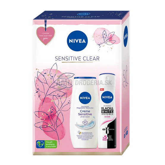 KAZETA NIVEA WOM SENSITIV CAREME SPRCHOVÝ GÉL 250ML + ANTIPERSPIRANT BLACK & WHITE INVISIBLE CLEAR 150ML