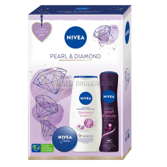 KAZETA NIVEA WOM PEARL DIAMOND  SPRCHOVÝ GÉL 250ML + ANTIPERSPIRANT 150ML + UNIVERZÁLNY CREME 30ML  