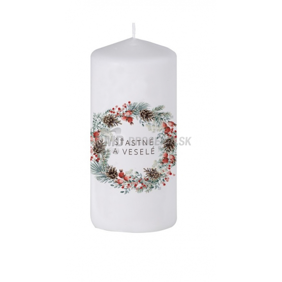 SVIEČKA VALEC  VENIEC S BOBULAMI ŠTASTNÉ A VESELÉ 60X120MM