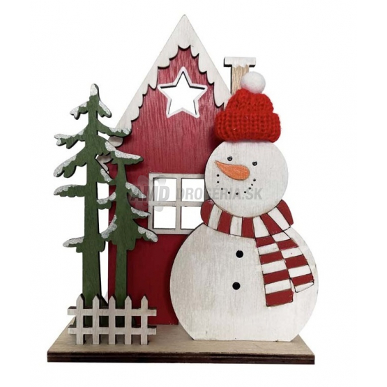 DEKORÁCIA DREVO  SNEHULIAK S  DOMČEKOM NA PODSTAVCI ČERVENO BIELY 150X200MM