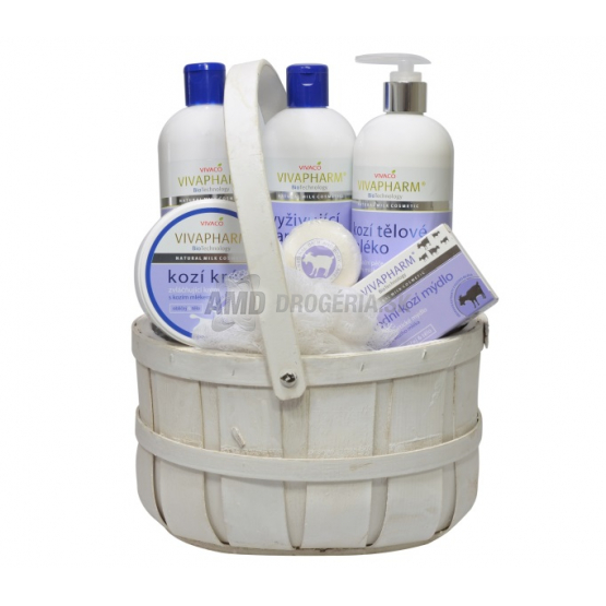KAZETA KOZIE MLIEKO SPRCHOVÝ GÉL 400ML + ŠAMPÓN NA VLASY 400ML + TELOVÉ MLIEKO 400ML + PLEŤOVÝ A TELOVÝ KRÉM 250ML + TUHÉ MYDLO 100ML + ŠUMIVÁ PRÍSADA DO KÚPEĽA 75G + MASÁŽNA HUBKA + PEMZA + KOŠÍK