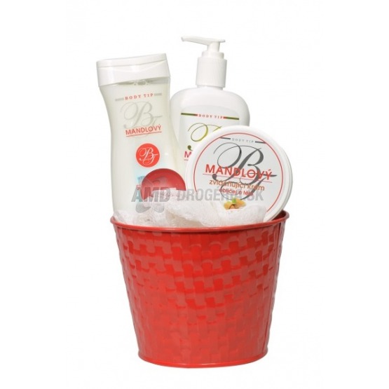 KAZETA BODY TIP S MANDĽOVÝM OLEJOM SPRCHOVÝ GÉL 300ML + KRÉM NA RUKY 300ML + KRÉM NA TVÁR A TELO 250ML + MASÁŽNA HUBKA + VONNÁ SVIEČKA + PLECHOVÝ OBAL