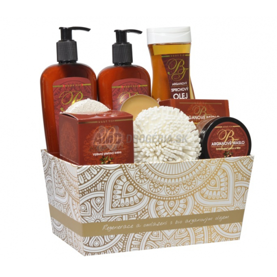 KAZETA BODY TIP S ARGANOVÝM OLEJOM SPRCHOVÝ OLEJ 300ML + PRÍRODNÉ TUHÉ MYDLO 100G + KRÉM NA RUKY 300ML + TELOVÝ BALZAM 300ML + TELOVÉ MASLO 100ML + PLEŤOVÝ KRÉM 50ML +  MASÁŽNA HUBKA + VONNÁ SVIEČKA + PEMZA