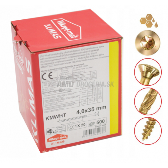 SKRUTKA KMWHT 4X35 KONŠTRUKČNÁ SO ZAPUSTENOU HLAVOU TX20 ZZ BALENIE 500KS/KRABICA