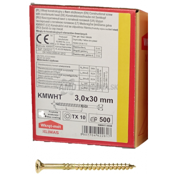 SKRUTKA KMWHT 3X30 KONŠTRUKČNÁ SO ZAPUSTENOU HLAVOU TX10 ZZ BALENIE 500KS/KRABICA