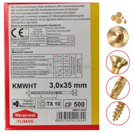 SKRUTKA KMWHT 3X35 KONŠTRUKČNÁ SO ZAPUSTENOU HLAVOU TX10 ZZ BALENIE 500KS/KRABICA