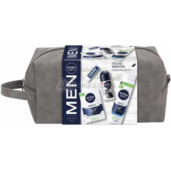 KAZETA NIVEA MEN BAG SENSITIVE GÉL NA HOLENIE SENSITIVE 200ML + BALZAM PO HOLENÍ SENSITIVE 100ML + ROLL ON 50ML + BALZAM NA PERY 4,8G