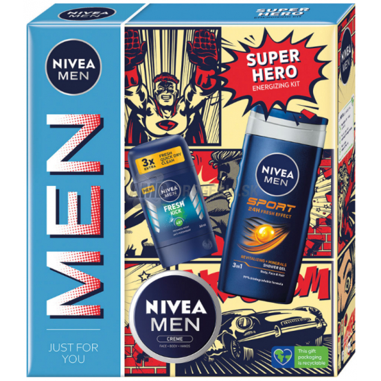 KAZETA NIVEA MEN SUPER HERO  SPRCHOVÝ GÉL 250ML + STICK 50ML + KRÉM 75ML