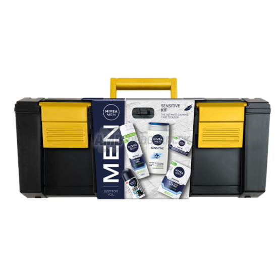 KAZETA NIVEA MEN KUFRÍK TOOLBO SENSITIVE KIT GÉL NA HOLENIE 200ML + SPRCHOVÝ GÉL 3V1 250ML + HYDRATAČNÝ KRÉM 50ML + ROLL ON 50ML + VODA PO HOLENÍ 100ML