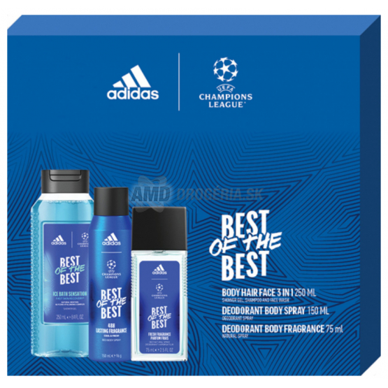 KAZETA ADIDAS MEN UFA CHAMPIONS LEAGUE BEST OF THE BEST SPRCHOVÝ GÉL 250ML + DEOZODORANT 150ML + PARFUMOVANÝ DEZODORANT 75ML 