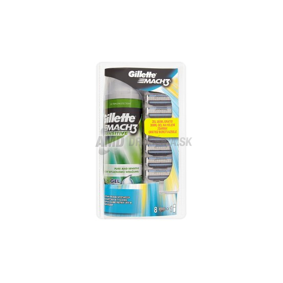 GILLETTE MACH3 NÁHRADNE HLAVICE 8KS + GÉL NA HOLENIE M3 SENSITIVE 200 ML