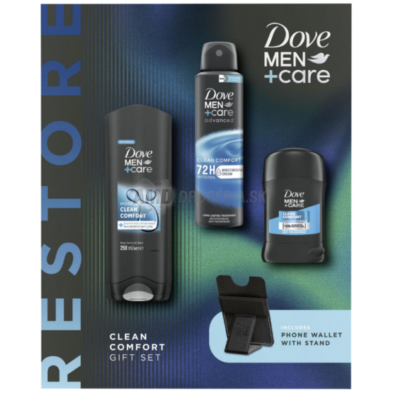 KAZETA DOVE MEN CLEAN COMFORT ANTIPERSIPIRANT 150ML + SPRCHOVÝ GÉL 250ML+STICK 50ML + PEŇAŽENKA NA MOBIL