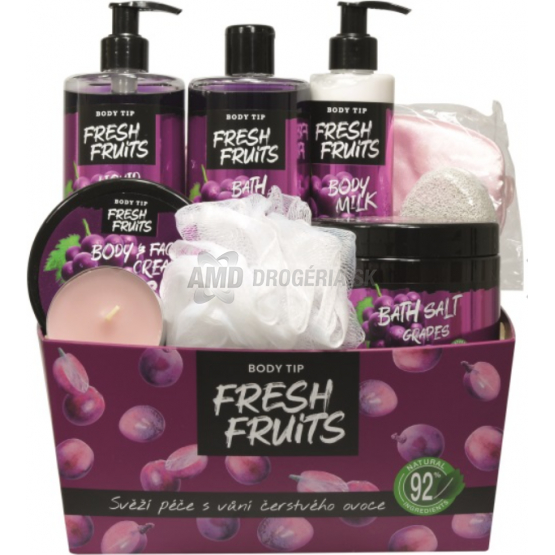 KAZETA VIVACO FRESH FRUITS  TEKUTÉ MYDLO HROZNO 500ML + PENA DO KÚPEĽA 500ML + TELOVÉ MLIEKO 250ML + KRÉM NA TVÁR A TELO 200ML + SOĽ DO KÉPEĽA 650G + PEMZA + VONNÁ SVIEČKA + OČNÁ MASKA NA SPANIE 