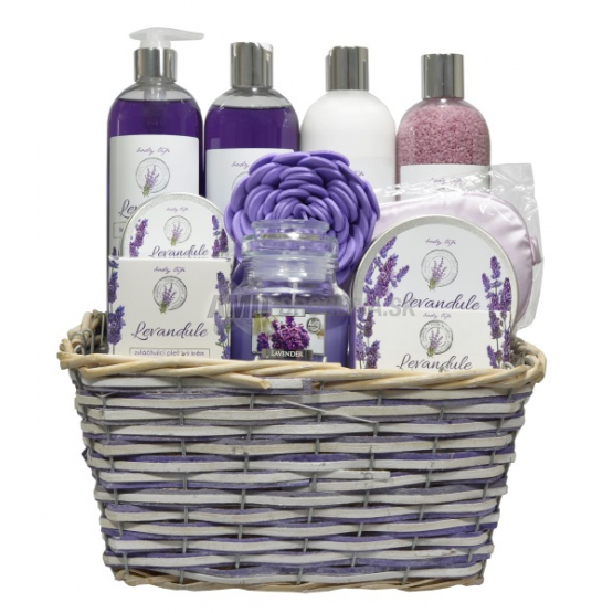 KAZETA BODY TIP LEVANDUĽA PREMIUM KÔŠ SPRCHOVÝ GÉL 500ML + KRÉM NA RUKY A NECHTY 100ML + TELOVÉ MLIEKO 500ML + SOĽ DO KÚPEĽA 500G + PRÍRODNÉ MYDLO 100G + PLEŤOVÝ KRÉM 50ML + BYLINNÁ MASŤ 100ML + KRÉM NA TVÁR A TELO 200ML + MASÁŽNA HUBKA + OČNÁ MASKA 