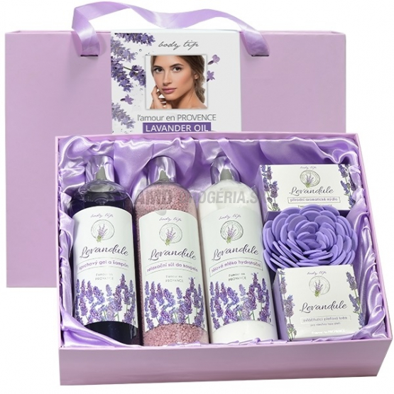 KAZETA BODY TIP LEVANDUĽA PREMIUM SPRCHOVÝ GÉL 500ML + TELOVÉ MLIEKO 500ML + SOĽ DO PÚPEĽA 80G + PRÍRODNÉ MYDLO TUHÉ 100G + PLEŤOVÝ KRÉM 50ML + MASÁŽNA HUBKA 