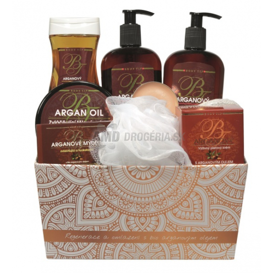 KAZETA BODY TIP ARGAN OIL SPRCHOVÝ GÉL 300ML + PRÍRODNÉ MYDLO 100G + KRÉM NA RUKY 300ML + TELOVÉ MASLO 200ML + PLEŤOVÝ KRÉM 50ML + MASÁŽNA HUBKA + VONNÁ SVIEČKA + PEMZA