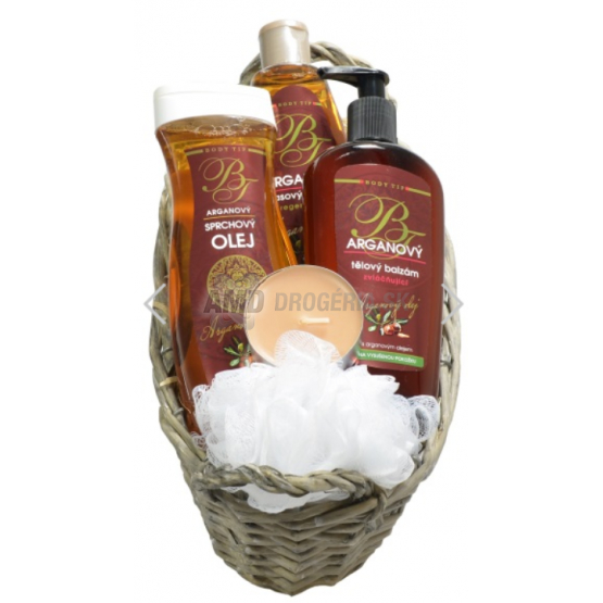 KAZETA BODY TIP ARGAN SPRCHOVÝ OLEJ 300ML + ŠAMPÓN NA VLASY 250ML + TELOVÝ BALZAM 300ML + MASÁŽNA HUBKA + VONNÁ SVIEČKA 