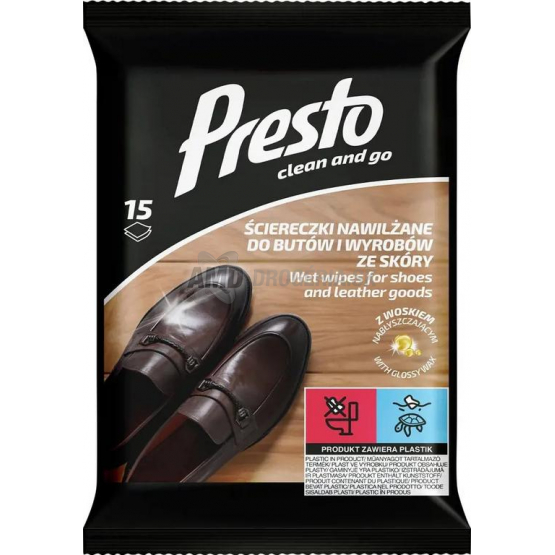 Presto Clean and Go vlhčené utierky na obuv a kožený tovar, 15 ks