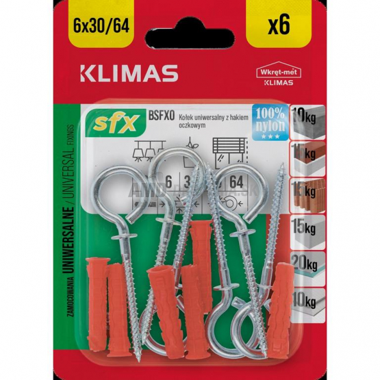 Klimas Hmoždinka s kruhovým hákom, 6x30 mm, 6 ks