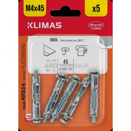 Klimas Hmoždinka Molly M4 x 45 mm, oceľová do sadrokartónu, 5 ks