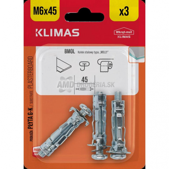 Klimas Hmoždinka Molly kovová do sadrokartónu, 6 × 45 mm, 3 ks