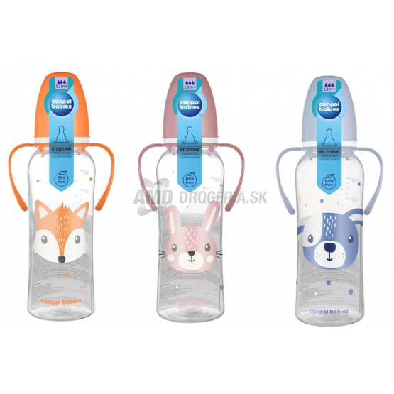 CANPOL FĽAŠA UZKOHRDLÁ S ÚCHYTMI CUTE ANIMAL 250ML 1KS MIX