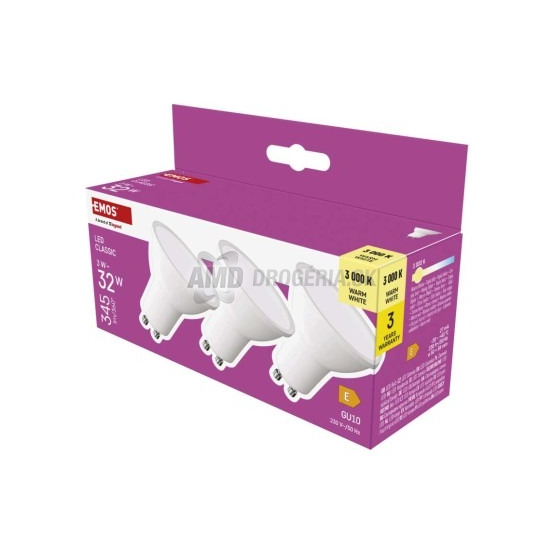 Emos LED žiarovka Classic MR16 GU10, 3 W, teplá biela, 3 ks