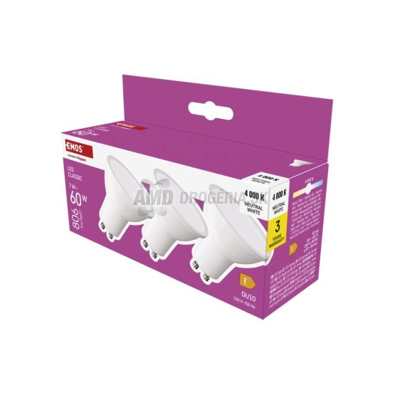 Emos LED žiarovka Classic MR16 GU10, 7 W (60 W), neutrálna biela, 3 ks